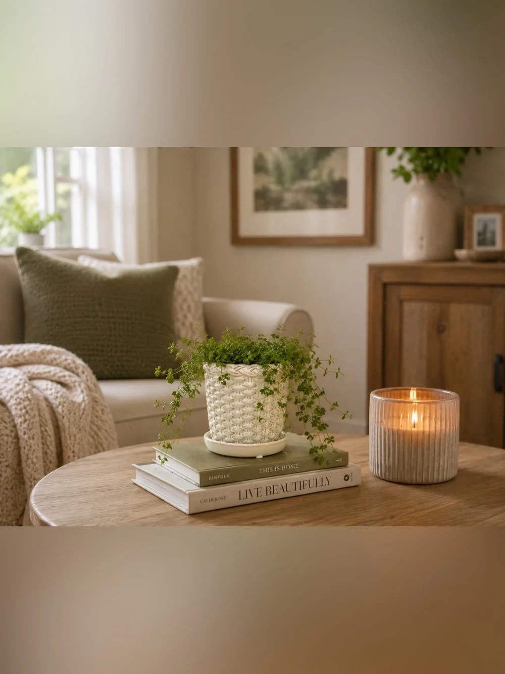 Ceramic Woven Basket Planter with Attached Saucer & Drainage Hole